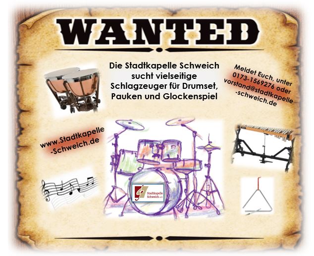 Die Stadtkapelle Schweich sucht vielseitige Schlagzeuger für Drumset, Pauken und Glockenspiel